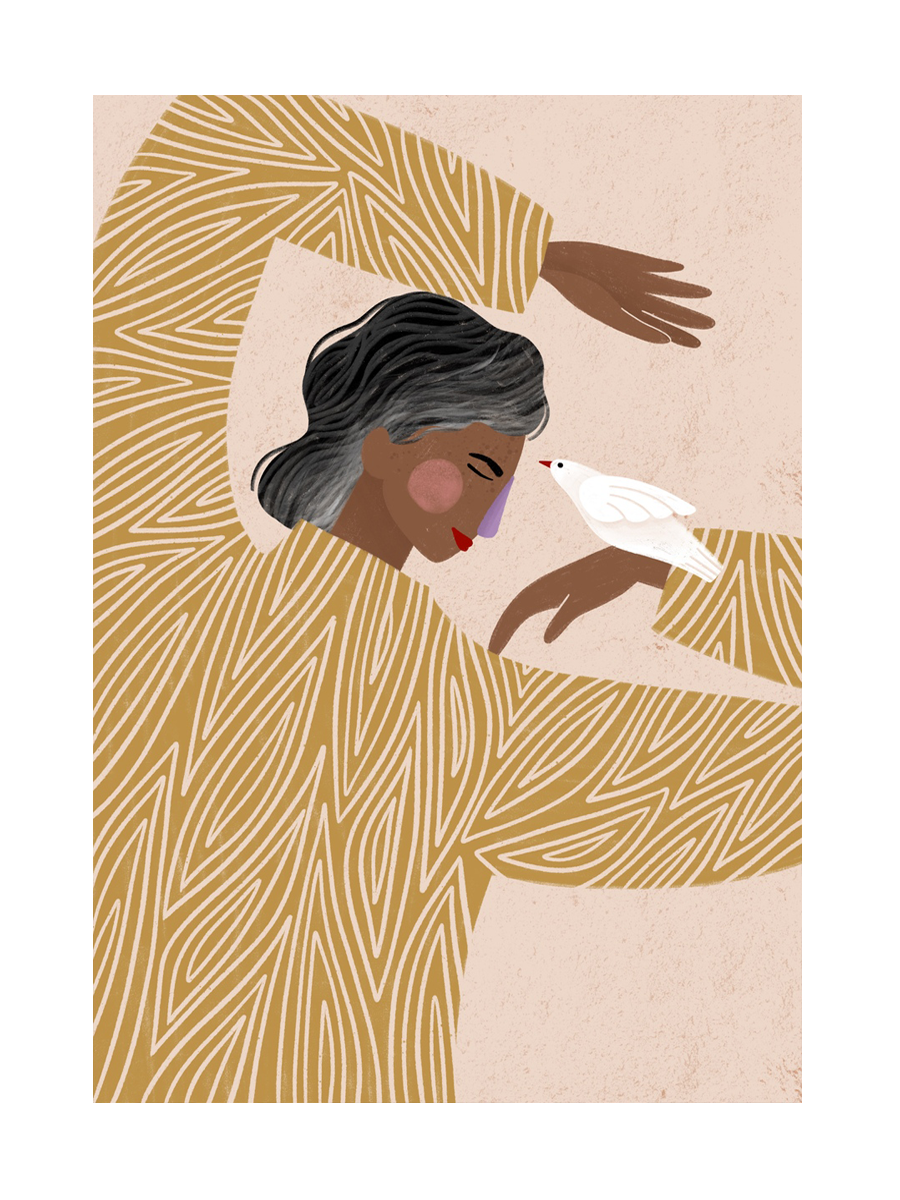 Illustration einer Frau in einem gelben Kleid, die einen weißen Vogel in der Hand hält, vor einem rosa Hintergrund.