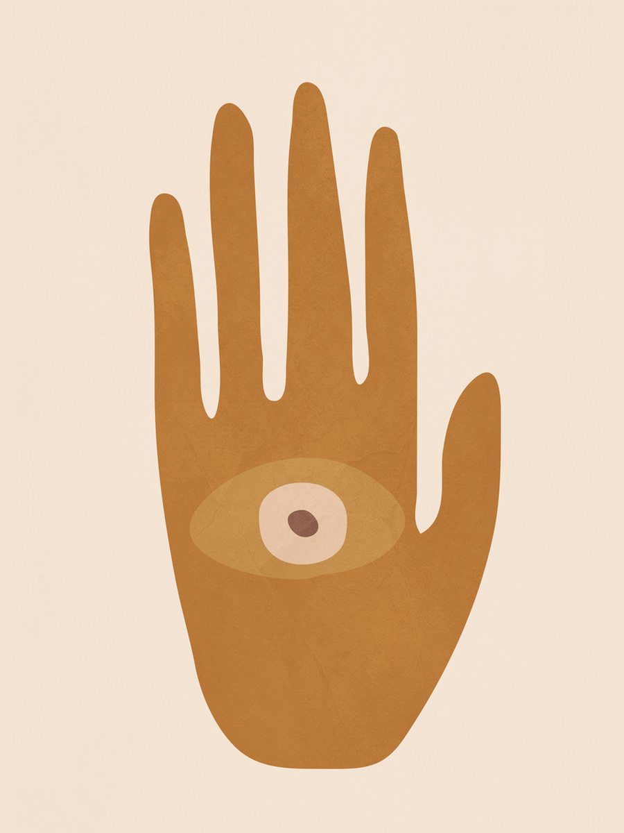 Grafische Illustration einer Hand mit einem Auge in der Mitte vor einem beigen Hintergrund.