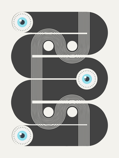 Grafische Illustration mit blauen Augen und schwarzen Formen.