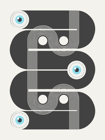 Grafische Illustration mit blauen Augen und schwarzen Formen.