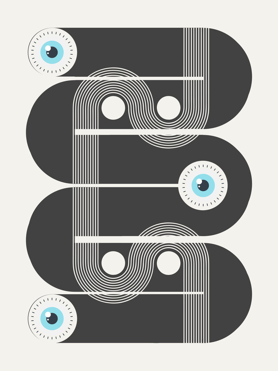 Grafische Illustration mit blauen Augen und schwarzen Formen.