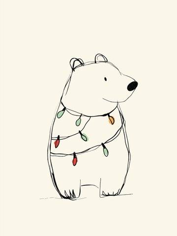 Illustration eines Bären mit Lichterkette vor einem hellbeigen Hintergrund.