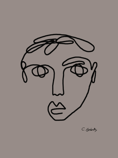 Line-Art-Illustration eines Gesichts in schwarzen Linien auf braunem Hintergrund.