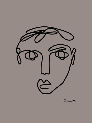 Line-Art-Illustration eines Gesichts in schwarzen Linien auf braunem Hintergrund.