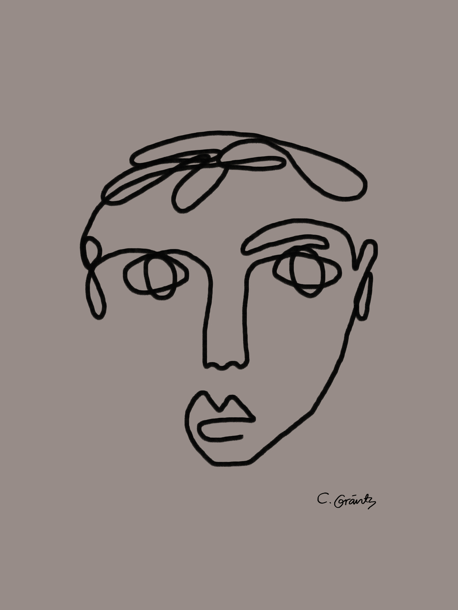 Line-Art-Illustration eines Gesichts in schwarzen Linien auf braunem Hintergrund.