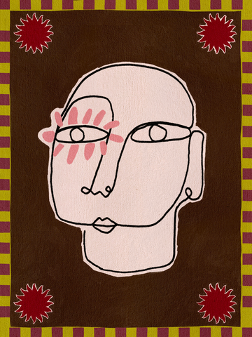 Ein Gesicht in Rosa und Weiß mit schwarzen Skizzenlinien vor einem braunen Hintergrund, umrandet von grün-braunen Streifen und roten Blüten.