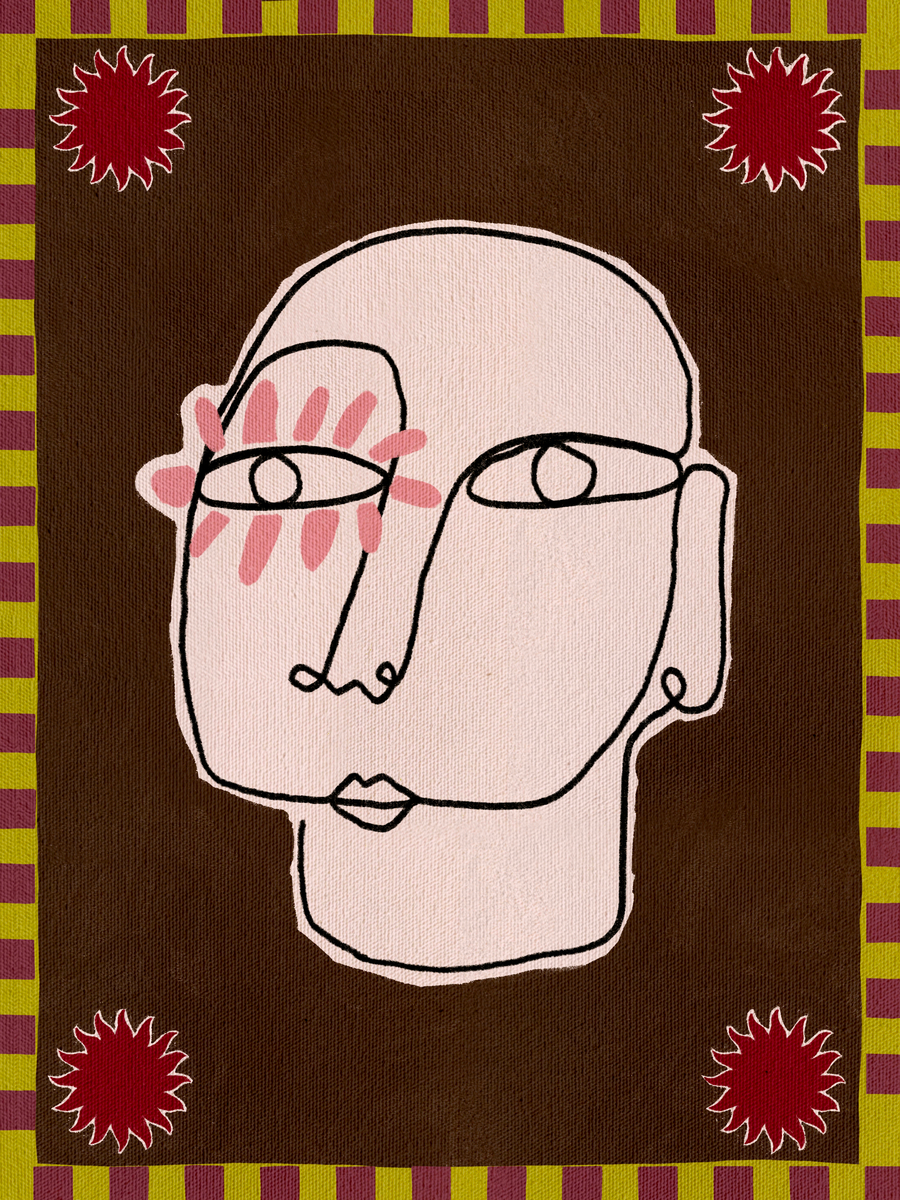 Ein Gesicht in Rosa und Weiß mit schwarzen Skizzenlinien vor einem braunen Hintergrund, umrandet von grün-braunen Streifen und roten Blüten.