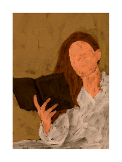Malerei einer Frau in einem weißen Kleid, die ein Buch liest, mit beigem Hintergrund.