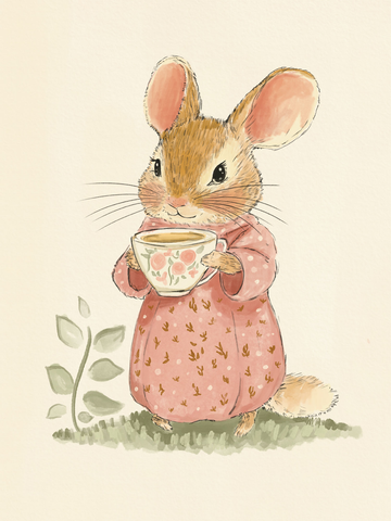 Ein Kaninchen in einem rosa Kleid hält eine Tasse Tee.