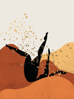 Illustration einer Figur, die in einen Haufen aus Sternen fällt, vor orangefarbenen Hügeln.