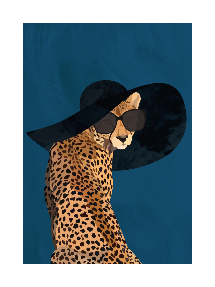 Illustration eines Leoparden mit schwarzem Hut und Sonnenbrille vor blauem Hintergrund.