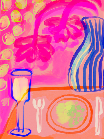 Gemalte Straußenvase und gedeckter Tisch auf pinkem Hintergrund.