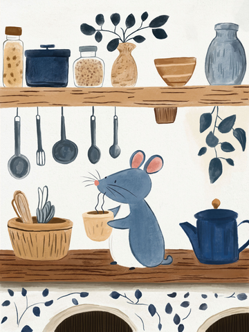 Illustration einer kleinen grauen Maus, die in einer Küche Tee kocht, mit einem Regal voller Utensilien und Pflanzen.