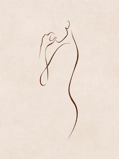 Line-Art-Illustration einer Frau in Braun auf beigem Hintergrund.