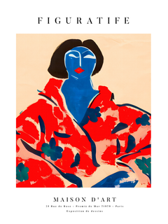 Poster einer Frau in roter Robe mit blauen Blumen und blauem Gesicht, Text „Figurative Maison d'art“.
