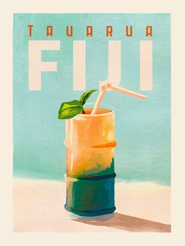 Poster eines tropischen Cocktails vor einem Strandhintergrund mit dem Text "Tauarua Fiji".
