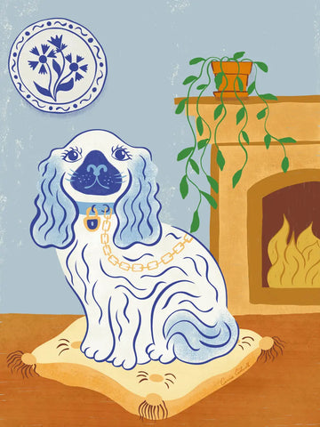 Illustration eines blau-weißen Hundes auf einem Kissen vor einem Kamin, mit goldener Kette, blauem Hintergrund, Teller und Pflanze.