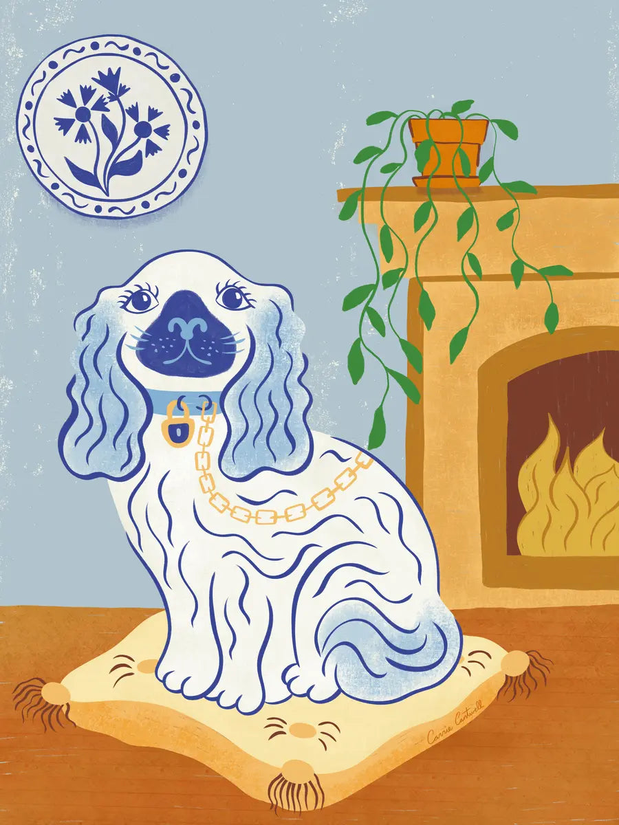 Illustration eines blau-weißen Hundes auf einem Kissen vor einem Kamin, mit goldener Kette, blauem Hintergrund, Teller und Pflanze.