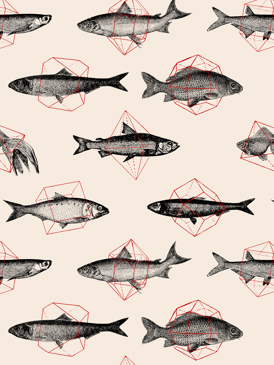 Poster mit einem Fischmuster auf einem beigen Hintergrund.