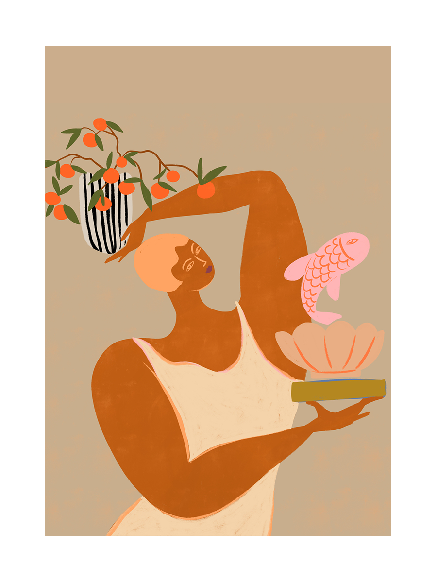 Illustration einer Frau in einem weißen Kleid mit einem Blumentopf voller Orangen und einem rosa Fisch.