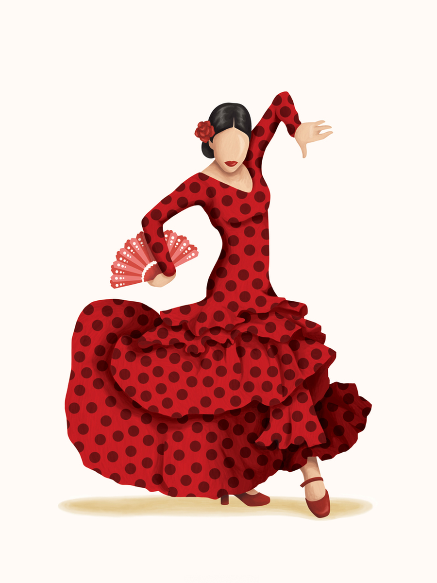 Illustration einer Flamenco-Tänzerin in einem roten Kleid mit schwarzen Punkten und einem Fächer.
