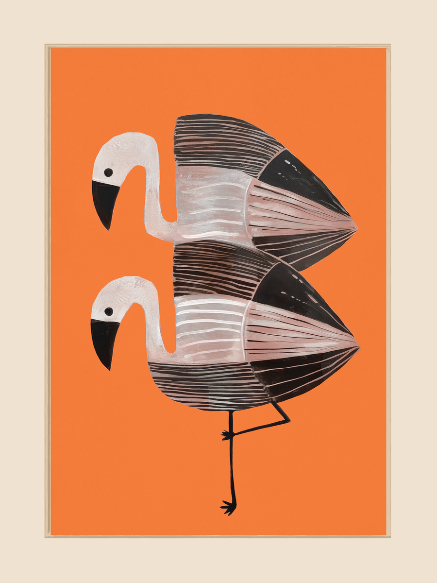 Illustration von zwei Flamingos in hellrosa und schwarz auf einem hellorangen Hintergrund.
