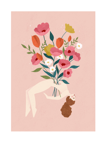 Illustration einer Frau mit braunem Haar, die von einem Blumenstrauß gehalten wird, auf rosa Hintergrund.