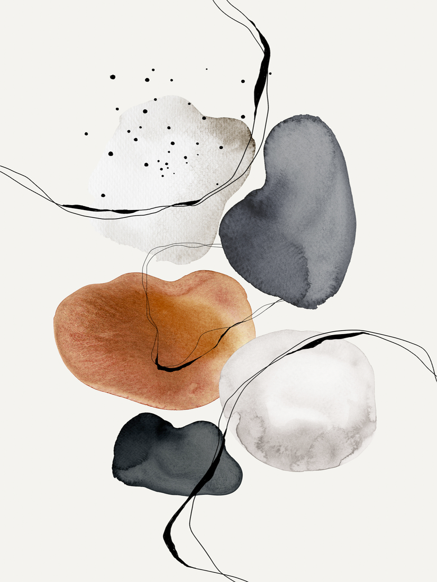 Aquarell-Illustration mit abstrakten Formen in Schwarz, Grau, Weiß und Braun auf hellgrauem Hintergrund.