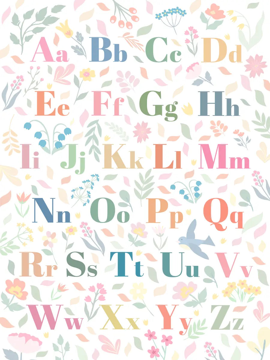 Ein Alphabetposter mit bunten Buchstaben und einem Hintergrund aus Blättern und Blumen.