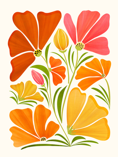 Illustration von Blumen in Rot-, Orange- und Gelbtönen auf hellem Hintergrund.