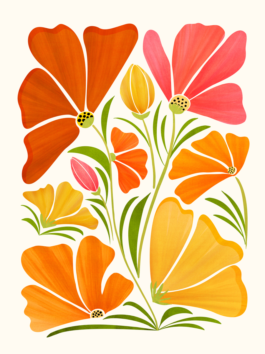Illustration von Blumen in Rot-, Orange- und Gelbtönen auf hellem Hintergrund.