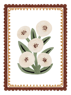 Illustration von weißen Blumen mit grünen Blättern, umrahmt von einer rotbraunen und gelben Linie.