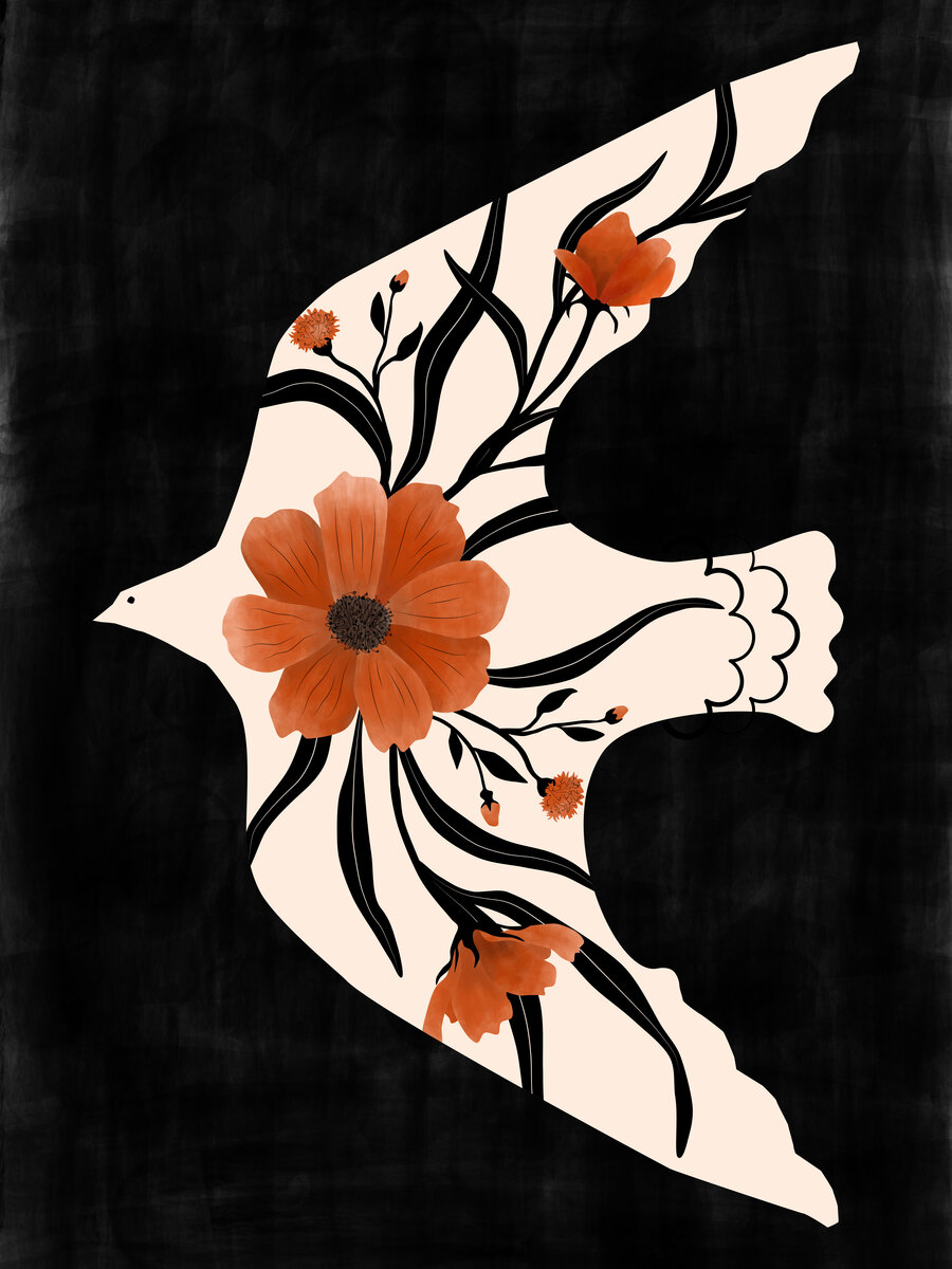 Illustration einer Taube mit floralen Mustern auf schwarzem Hintergrund.