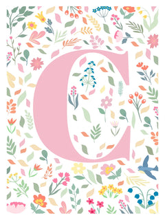Poster mit dem Buchstaben C in Rosa, umgeben von bunten Blumen und Blättern.