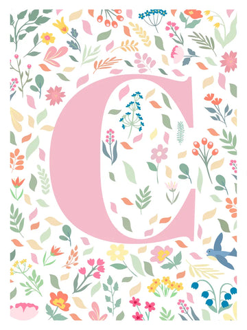 Poster mit dem Buchstaben C in Rosa, umgeben von bunten Blumen und Blättern.