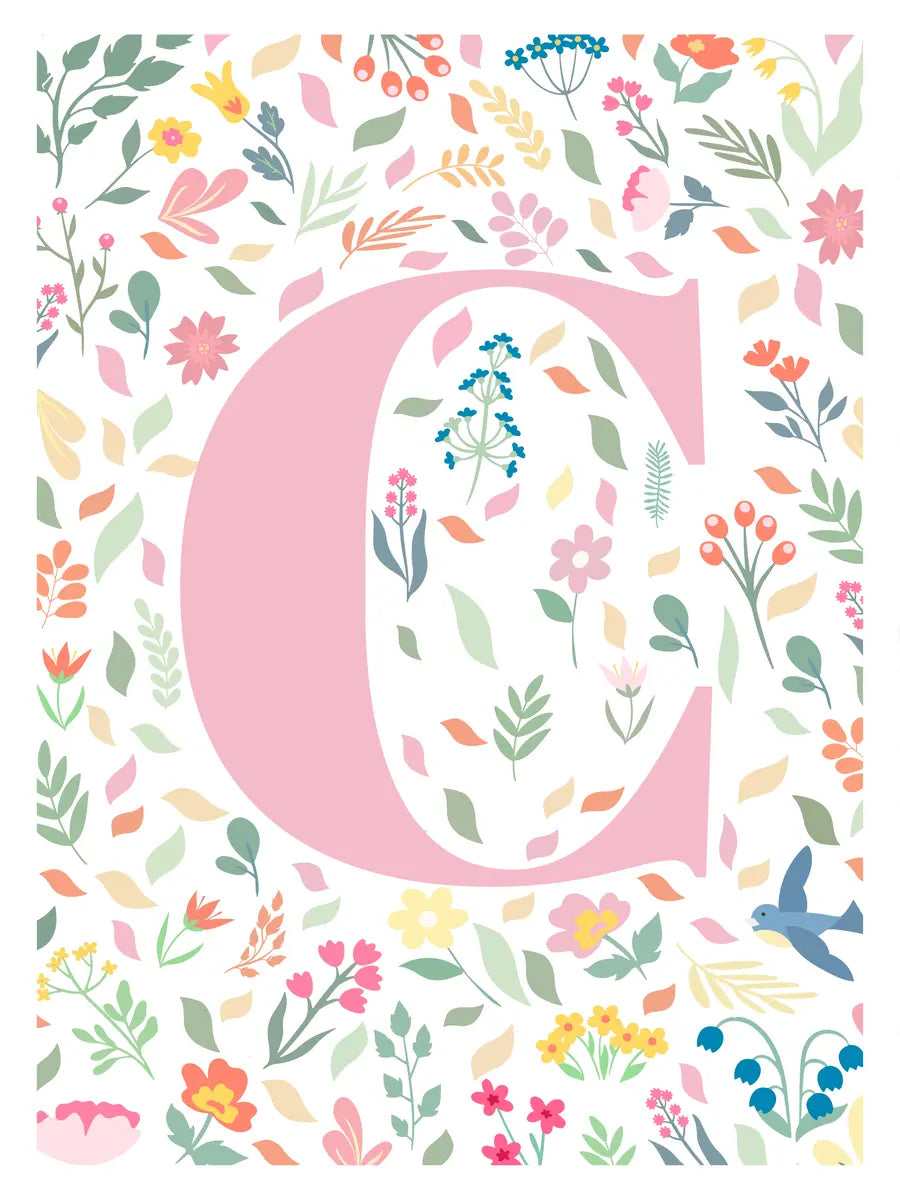 Poster mit dem Buchstaben C in Rosa, umgeben von bunten Blumen und Blättern.