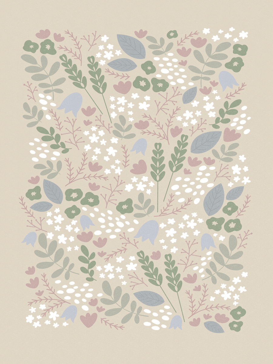 Grafik mit Allover-Blumenmuster in Pastelltönen auf beigem Hintergrund.