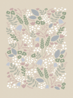 Grafik mit Allover-Blumenmuster in Pastelltönen auf beigem Hintergrund.