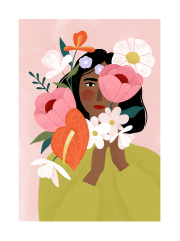 Illustration einer Frau mit einem Bündel bunter Blumen vor einem rosa Hintergrund.