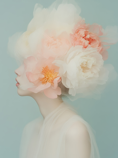 Porträt einer Frau mit großen, pastellfarbenen Blumen im Haar vor einem hellblauen Hintergrund.