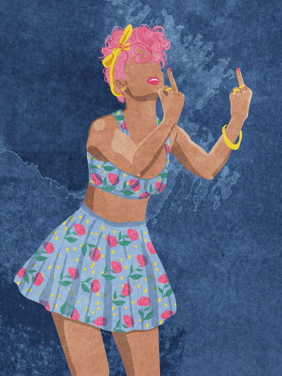 Illustration einer Frau mit pinkem Haar und einem blauen Outfit mit Blumenmuster, die beide Mittelfinger zeigt, vor einem blauen Hintergrund.