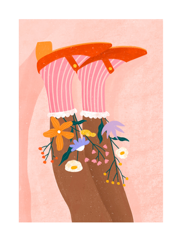 Illustration von gestreiften rosa Strümpfen und roten Schuhen auf floraler Basis mit rosa Hintergrund.