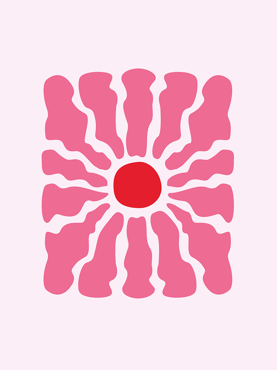 Quadratisches Poster mit abstrakten roten und pinken Formen auf hellem Hintergrund.