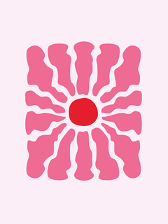 Quadratisches Poster mit abstrakten roten und pinken Formen auf hellem Hintergrund.