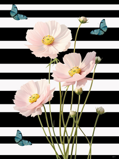 Grafische Illustration von rosa Blumen und blauen Schmetterlingen vor einem schwarz-weiß gestreiften Hintergrund.
