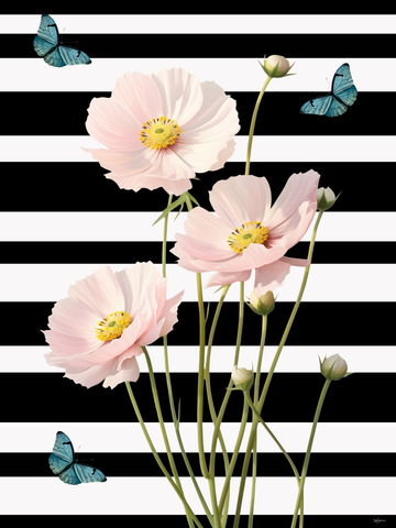 Grafische Illustration von rosa Blumen und blauen Schmetterlingen vor einem schwarz-weiß gestreiften Hintergrund.