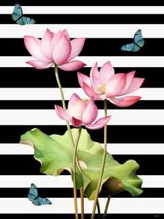Poster von blauen Schmetterlingen und rosa Lotusblumen mit grünen Blättern vor einem schwarz-weiß gestreiften Hintergrund.
