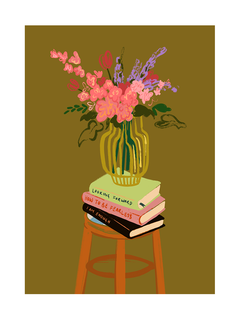 Illustration von Blumen in einer Vase auf einem Stapel Bücher auf einem Hocker.