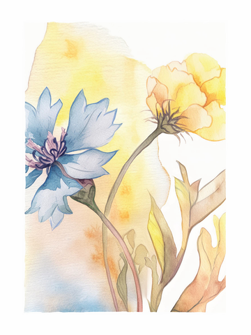 Zwei Blumen in Blau und Gelb in Aquarell auf weißem Hintergrund.