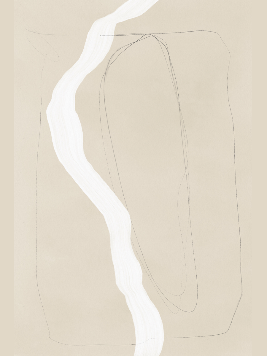 Minimalistisches Poster mit weißen und schwarzen Linien auf beigem Hintergrund.